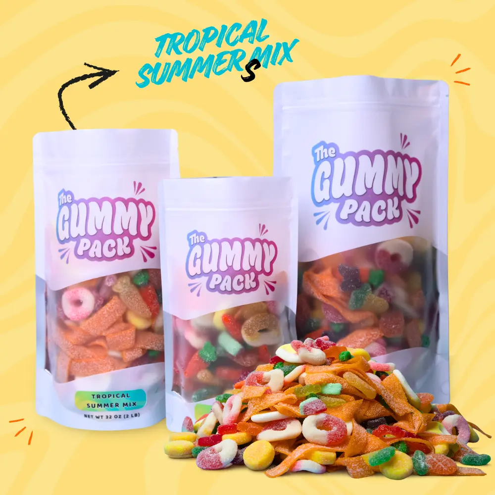 Tropical Summer Sweet Gummy Pack Snack Mix - 1lb+, Pineapple Flavor, Sour Belts Candy