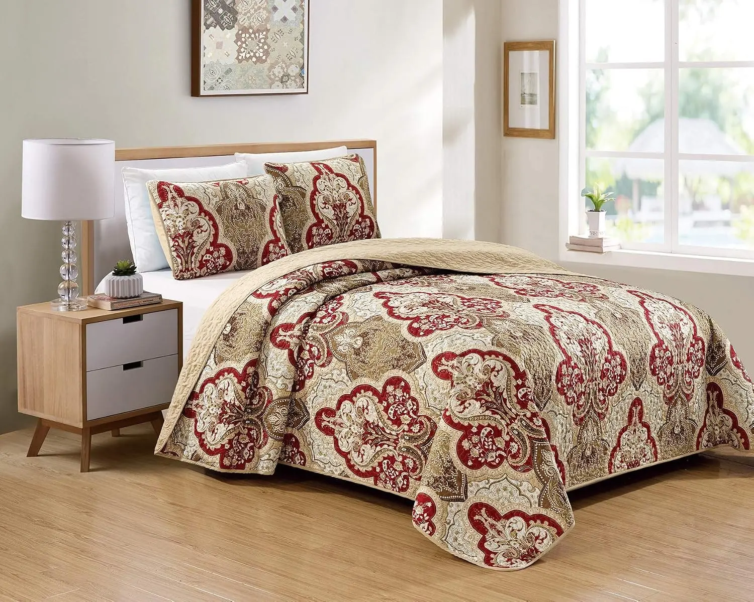 Home Linen Bedspread Set Damask Pattern Taupe Burgundy Brown New (King/California King)