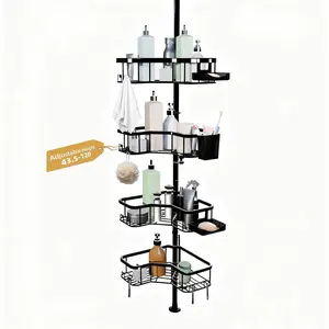 Corner Shower Tension Pole, 4 Tier Rust-Resistant Organizer Shelves, Rack with Soap Holder, No-Install, to Ceiling Rod 47-121 Inch, Black