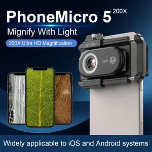 APEXEL NEW 200X High Definition Magnification Microscope Macro Lens For Mobilephone Portable Pocket Built-in CPL Filter With LED Light 12 Light Modes For IPhone Huawei Samsung Xiaomi Most Smartphones
