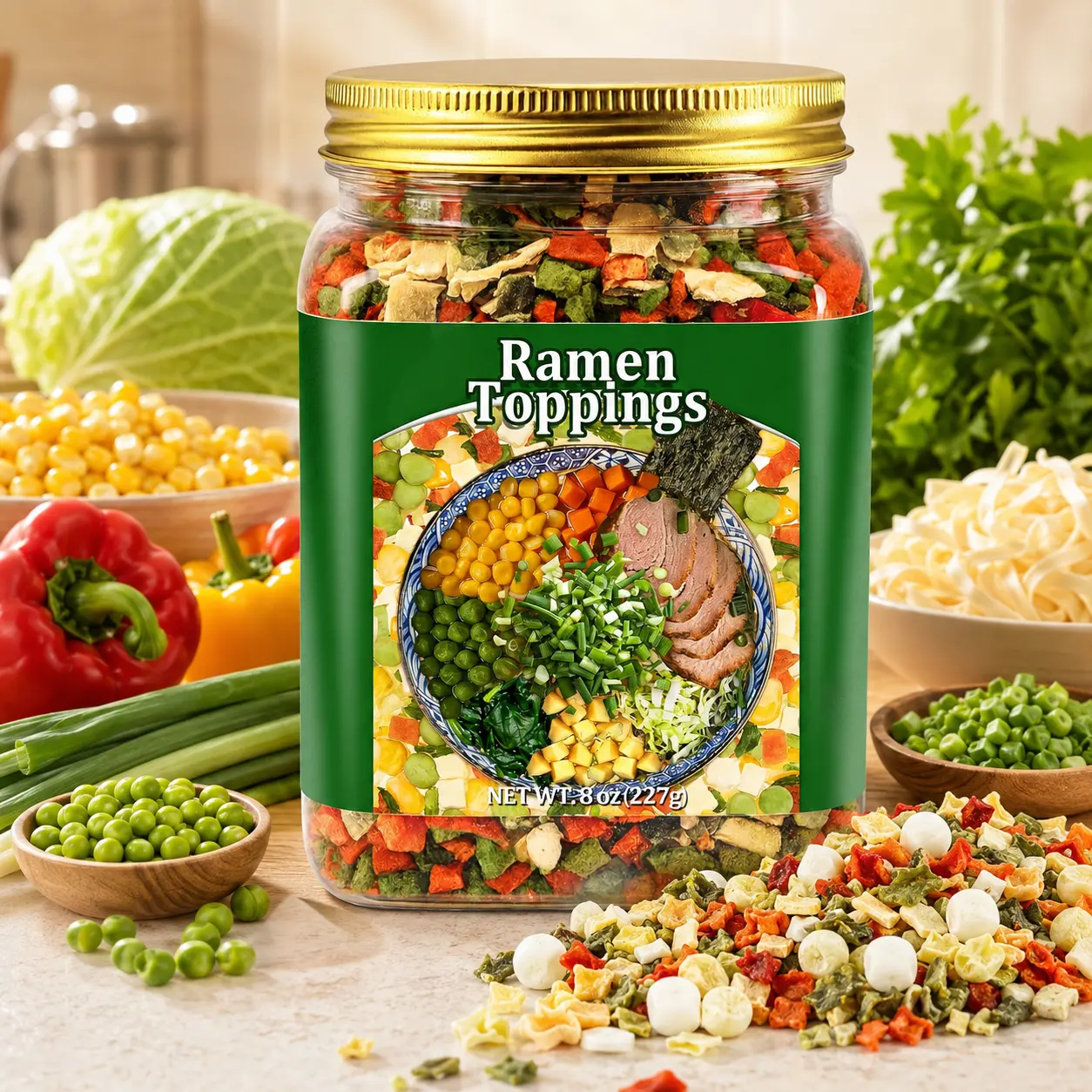 8oz Natural Dry Dried Ramen Toppings with 9 Dehydrated Vegetables - Plant-Based Add-Ins for Instant Noodles, Miso Soup - Clean Label, Quick Prep