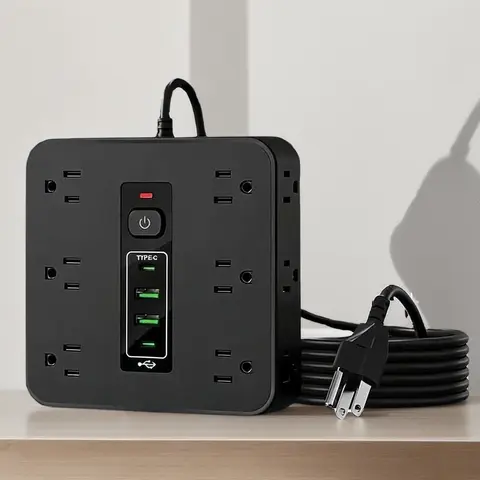 16-in-1 Square High-Efficiency Extendable Outlet Extender Surge Protector (120volt) - Mountable USB Power Hub, Splitter Expander with Switch, 12 Outlets, 2 USB, 2 Type-C Ports for Home, Office
