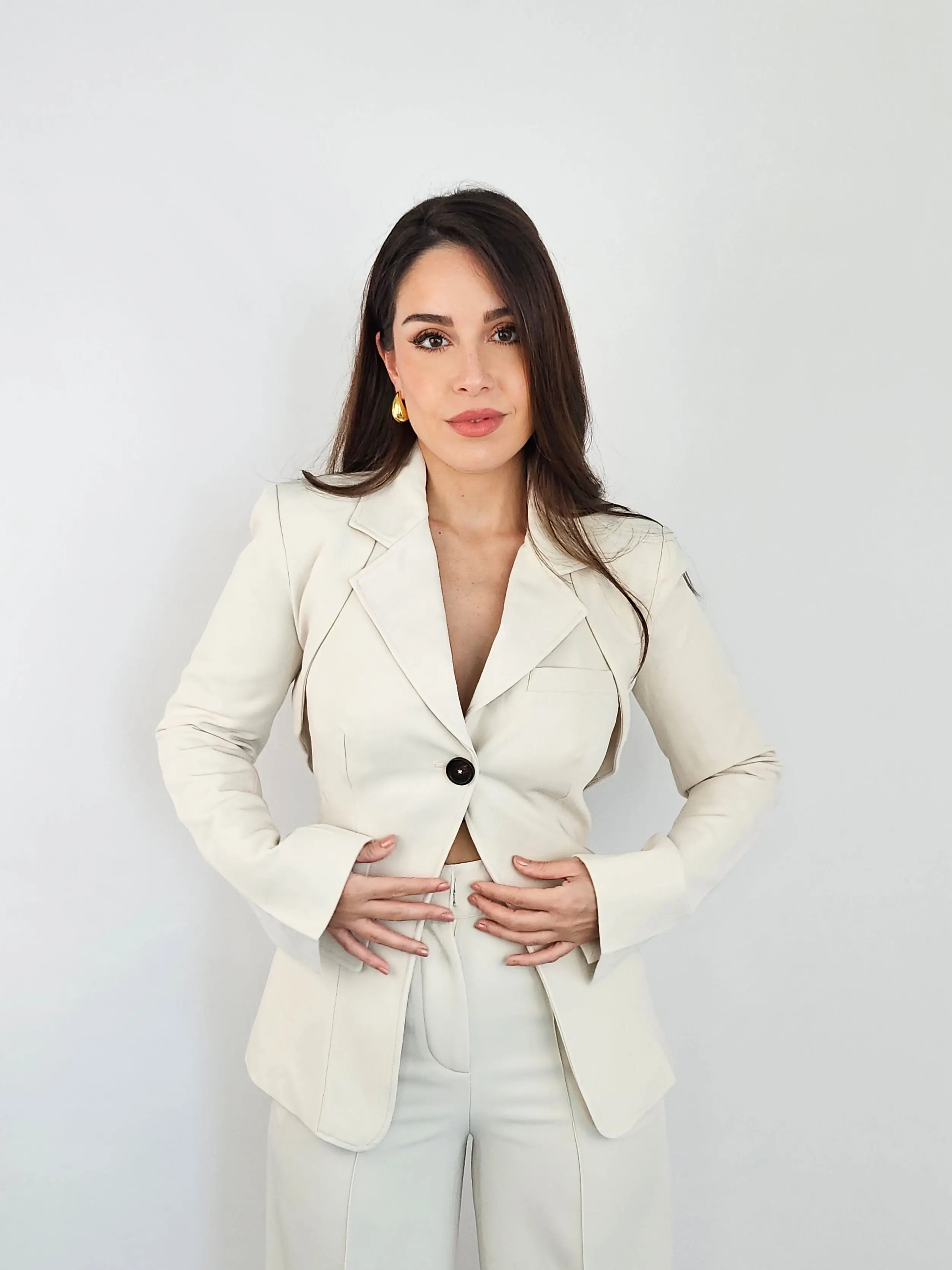 Cream Two Piece Blazer Set for Women - Minimalist Style - Womenswear