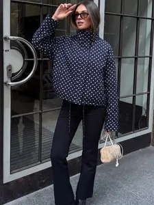 Women's Polka Dot Print Stand Collar Retro Vintage Loose Drawstring Hem Long Sleeve Hidden Zipper Pocket Casual Commute Jacket Coat