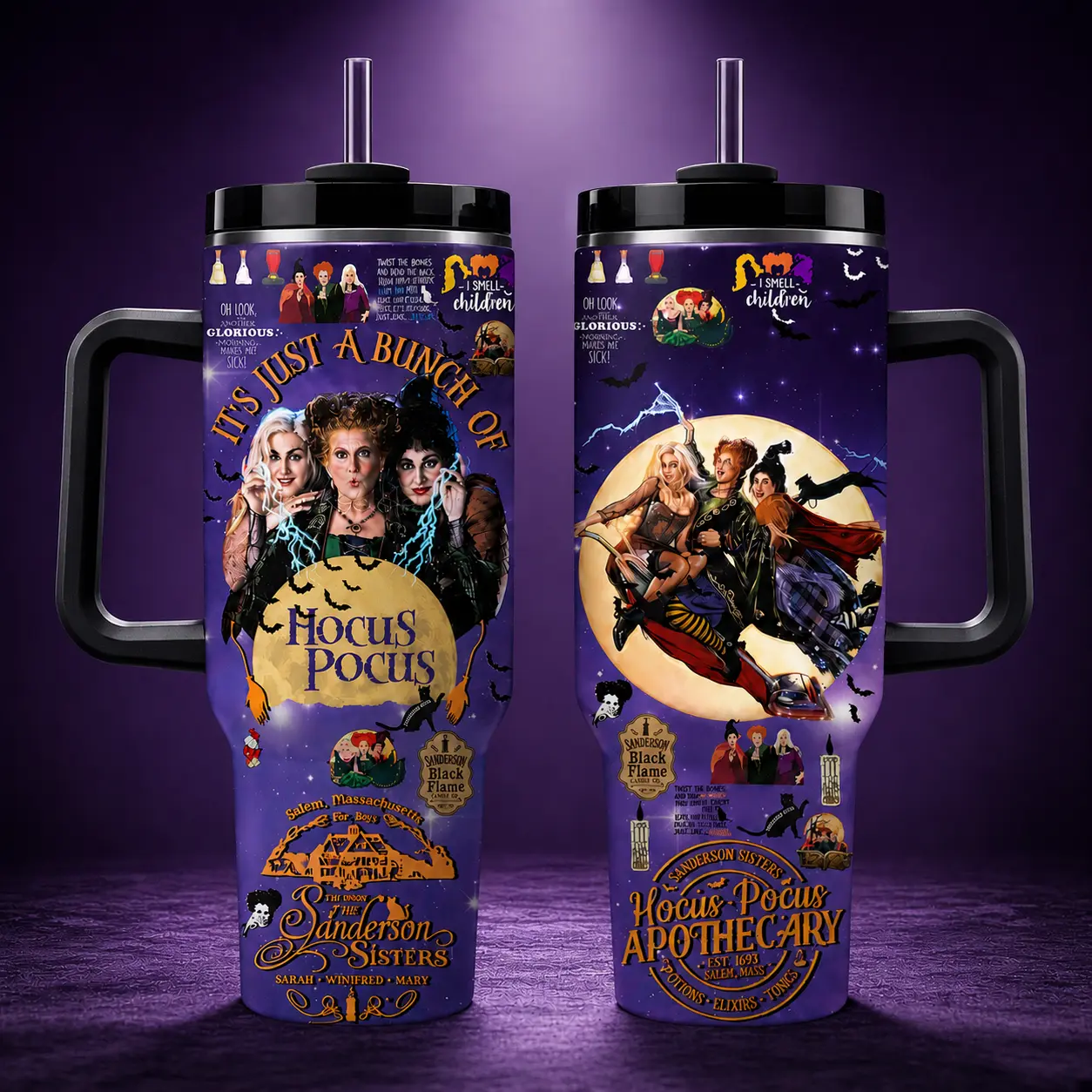 HocusPocus Apothecary Stainless Steel Insulated Travel Tumbler (40oz/20oz) - Sanderson Sisters Themed Drinkware with Handle, Straw