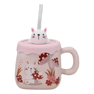 Bunny Rabbit Toadstool Mushrooms Pink Ceramic Mug With Silicone Lid And Straw