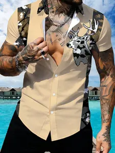 Fashion Printed Men's Short Sleeve Shirt, Slim Fit Casual Style, Summer Brand Top, Deer Head Pattern Design