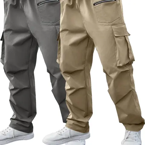 【Plus Size】 Men's Solid Pocket Drawstring Waist Cargo Pants, Regular Fit Casual Zipper Design Trousers for Daily Wear, Men's Bottoms for All Seasons, Outdoor, Chic Comfy Pants