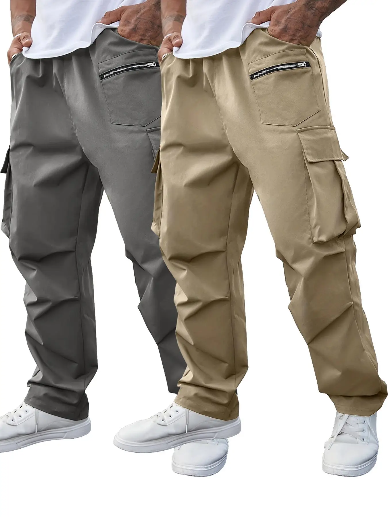 【Plus Size】 Men's Solid Pocket Drawstring Waist Cargo Pants, Regular Fit Casual Zipper Design Trousers for Daily Wear, Men's Bottoms for All Seasons