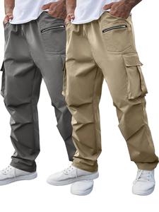 【plus size】 men's solid pocket drawstring waist cargo pants, casual trousers regular fit casual zipper design trousers for daily wear, men's long length bottoms for all seasons, menswear