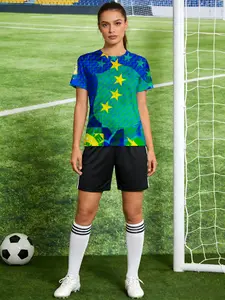 women's short sleeve T-shirt Blue Green Stars Pattern Design Soccer Jersey 3D full-frame printing spring and summer fashion trend sports women's soccer jersey polyester fiber style light and thin spring slim fit plant