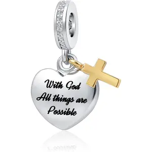 Heart Religions Cross Charm with God All Things are Possible Christian Bible Verse Bead Fits Pandora Bracelets