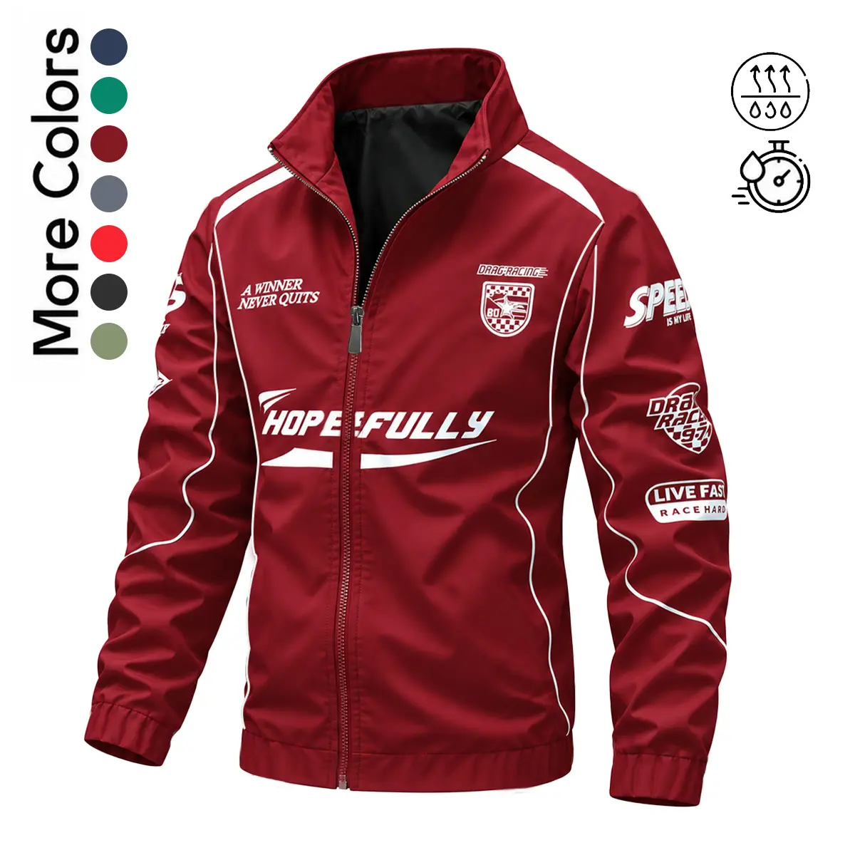 Men Stand Collar Racing Jacket Multi Slogan Graphic Print Full Zip Elastic Cuff Windproof Street Outerwear