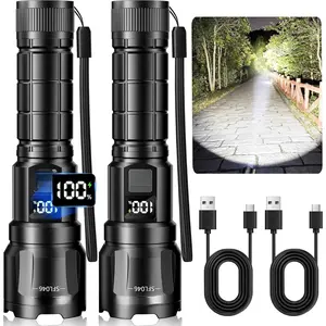 LED Rechargeable Flashlight 2Pack, 3Modes Super Bright High Lumens Flashlights, Zoomable Tactical Flashlight with LCD Display, IP65 Waterproof Flashlights for Home Emergency Camping & Gifts Men