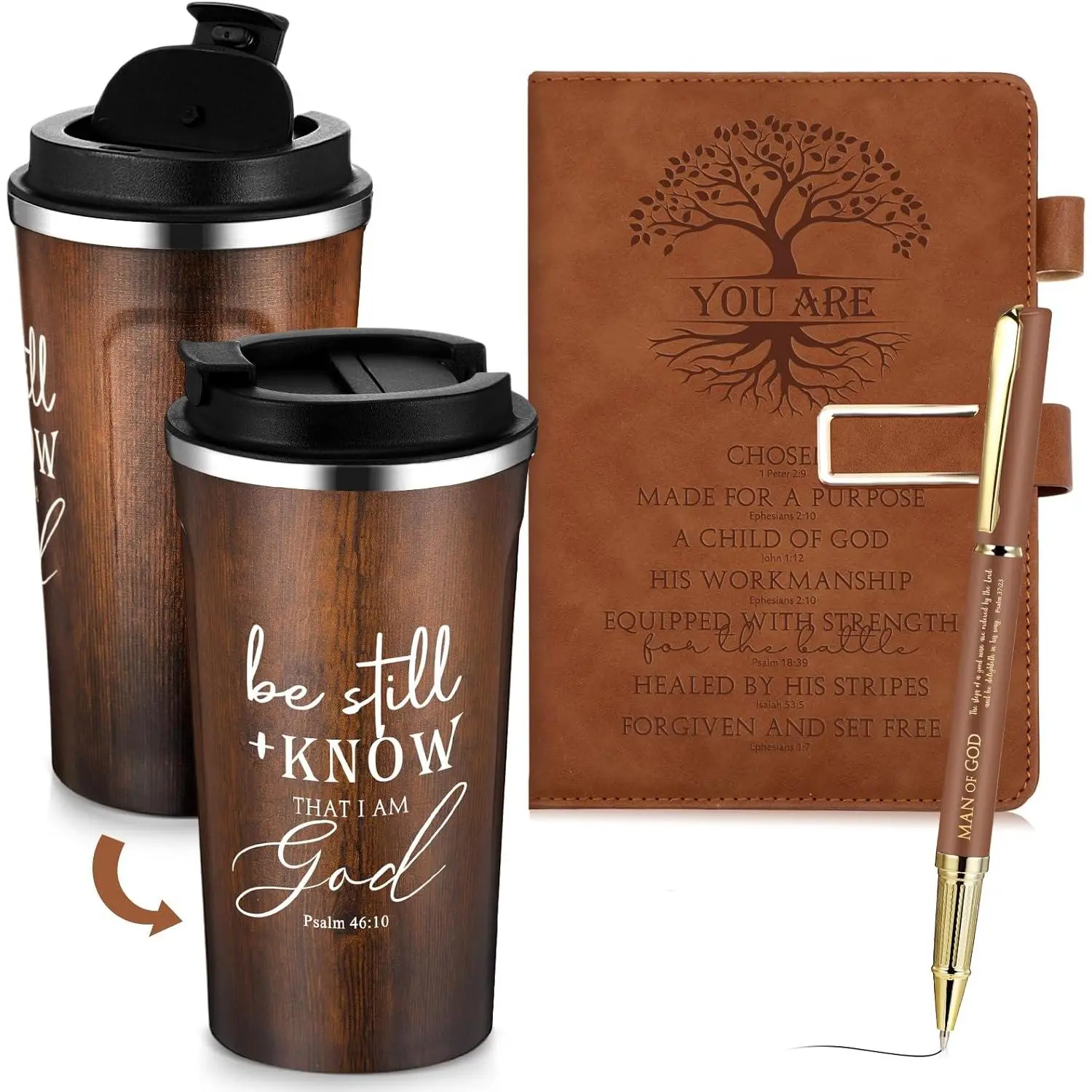 Christian Modern A5 Leather Journal 3-Piece Office Stationery Set (Brown) - Man of God Gift, Black Ink Pen, 17 oz Double Wall Stainless Steel Tumbler, Bible Verse Design, Convenient Pen Holder, Snap Closure, Journaling Use