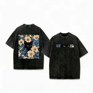 Black Cat Floral Pattern, Interesting Print, Vintage Washed Cotton T-Shirt, Y2k Style, American Street Style,   Vintage Tee Loose Fit Short Sleeve Casual Streetwear Baggy Washed Unisex Tops