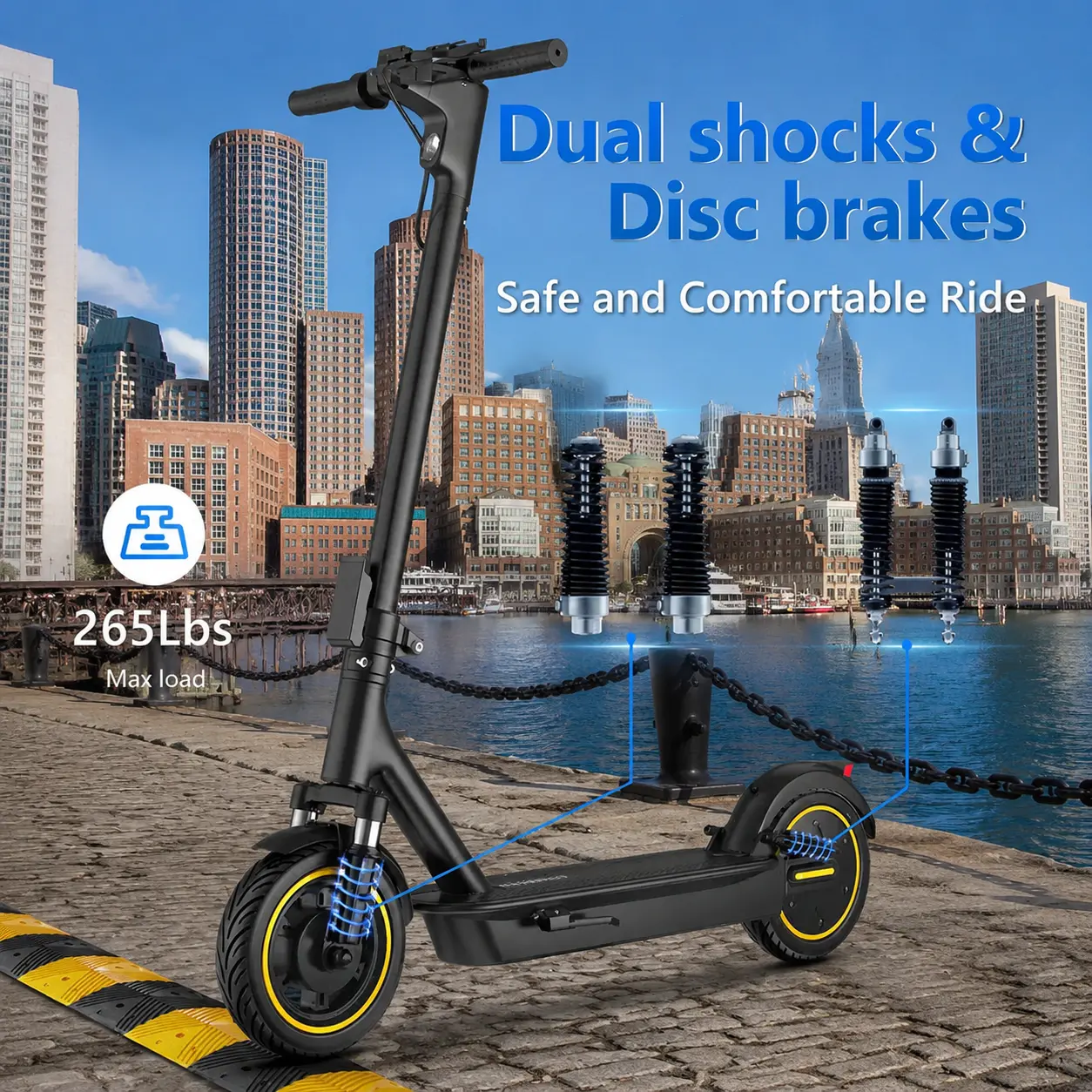 Esmax High-Speed Electric Scooter 10-inch solid tires 500W motor with front and rear dual shock absorption, range of 22-30 miles, top speed of 22 mph, dual braking system, LED lights, app control, aluminum alloy frame, Springtok。