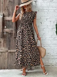 Spring/summer leopard pleated split leg dress