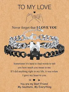 Heart Puzzle Couple Bracelet Set with Greeting Card, Unisex Promise Jewelry Gift for Boyfriend Girlfriend Husband Wife Friend Anniversary Valentine's Day