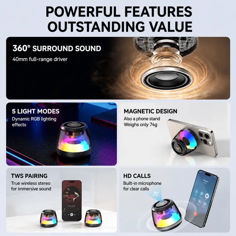 Monster Mini Bluetooth 6.0 Rechargeable Wireless Speaker - Compact RGB Multifunction Colorful Speaker with Light Show, TWS Stereo, 360° Surround Audio, Magnetic Design, TF Card Support, Long Battery Life for Home, Outdoor