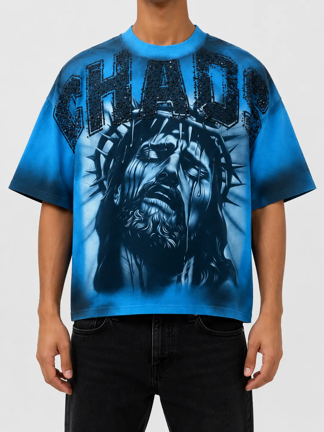Women's Rare Peace 'CHAOS' Aesthetics Baggy Rhinestone Cropped T-Shirt - Blue, Casual Street Style Top for Pairing with Jeans