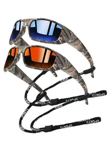 2pcs camouflage sports style with chain sunglasses, Sports outdoor sunglasses, with UV400 protection lenses, camouflage frame with rubber nose pad for comfortable and stable wearing, suitable for going out, beach accessories