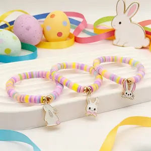 3Pcs Adorable Rabbit Polymer Clay Bracelet Set, Colorful Striped Design with Bunny Charms, Cute Stretch Bracelets for Girls Teens, Easter Birthday Gift for Daughter Niece Granddaughter Adjustable Heart Rate Couples christmas valentine manifestation retro