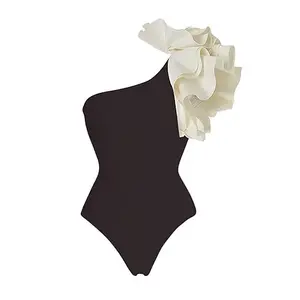 One-piece swimsuit with multi-layered ruffles, one-shoulder, fashionable retro swimsuit