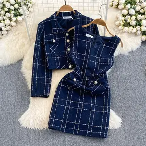 Women’s Autumn Luxury Korean-Chic Two-Piece Set – Blue Tweed Jacket + Vest Dress, Elegant Cropped Coat with Long Sleeves