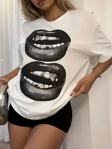 Women's Mouth Print Drop Shoulder Tee, Casual Short Sleeve Round Neck T-shirt for Summer, Fashion Women's Top for Daily Wear