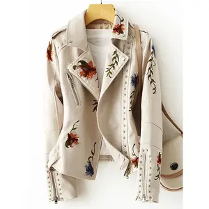 Floral Print Embroidery ( black )  Leather Jacket . Womenswear Coats Long Sleeve Tops