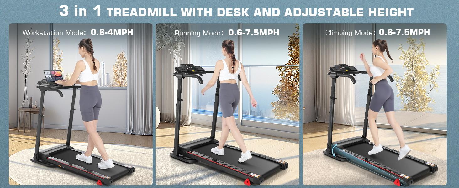 3-in-1 Foldable Treadmill with Desk, Adjustable Height, 300lb Capacity, Incline Feature, Powerful Home Walking & Running Machine