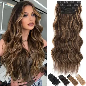 24/20-Inch Invisible Clip-In Synthetic Hair Extensions Long Wavy 4PCS Thick Hairpieces, 220g Double Lace Weft Extensions for Women