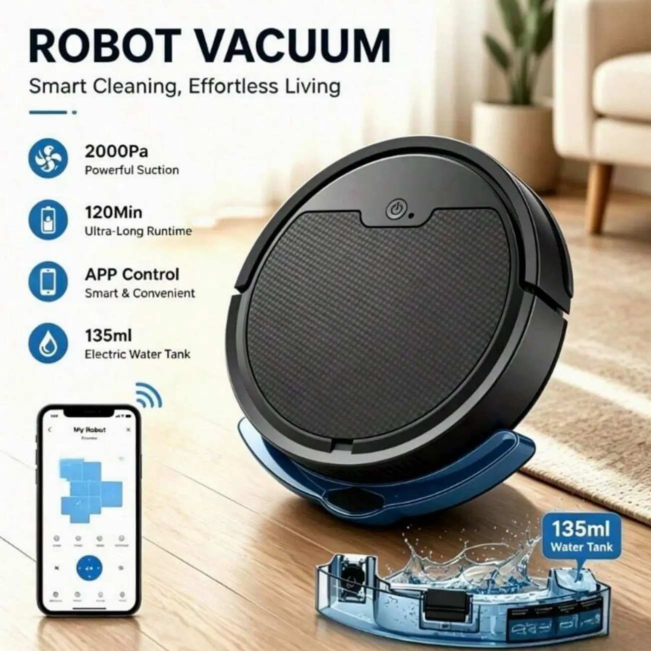 Smart Robot Vacuum Cleaner, 3-in-1 Sweeping, Vacuuming & Mopping, App Control, Self-Cleaning Floor Robot for Pet Hair & Hard Floors