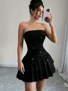 Women's Summer Shiny Fabric Elegant Ruffle Hem Short Dress, Ruffle Halter Sleeveless Bodycon Mini Skirt, Suitable for Daily Wear, Dates, Stage, Party