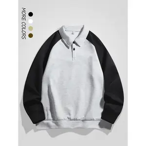 Men's Patchwork Raglan Sleeve Polo Neck Sweatshirt, Casual Regular Fit Long Sleeve Pullover for Fall & Winter, Men's Clothes for Daily Wear