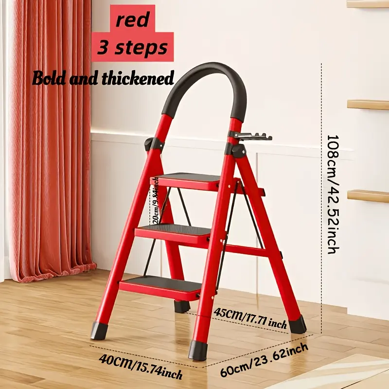 1pc Heavy-Duty 2/3/4/5-Step Portable Folding Ladder, 500 Lbs Load Capacity, Durable Plastic Material with Non-Slip Steps, Lightweight and Portable, Suitable for Home and Industrial Use Color: Three-step red