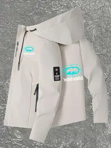 Men's Windproof Full-Zip Hooded Jacket, Blue Graphic Design with Ecko Unltd. Letters, Adjustable Drawstring Cap, Zipper Pockets