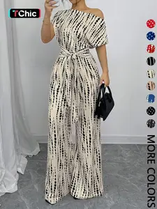 Women's All Over Print Tie Front Wide Leg Jumpsuit, Casual Asymmetrical Neck Batwing Jumpsuit for Spring & Fall, Women's Clothes for Daily Wear