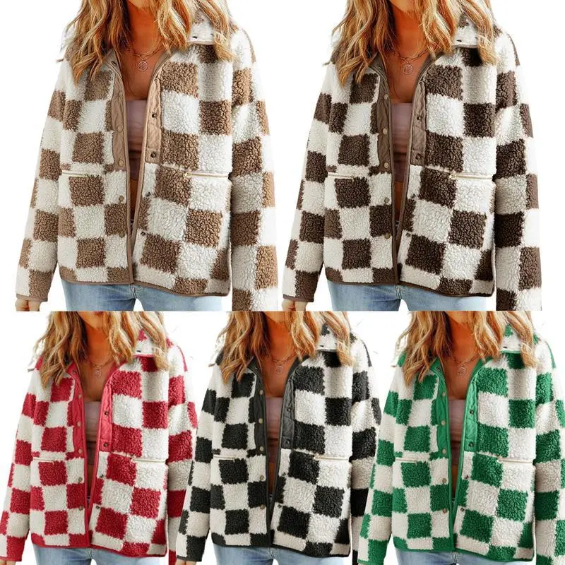 Women's Vintage Fuzzy Plaid Long-Sleeve Button-Down Lightweight Fleece Sherpa Outerwear, Fall Sports & Outdoor Coat, Longsleeves, Jacket, Tops, Lady