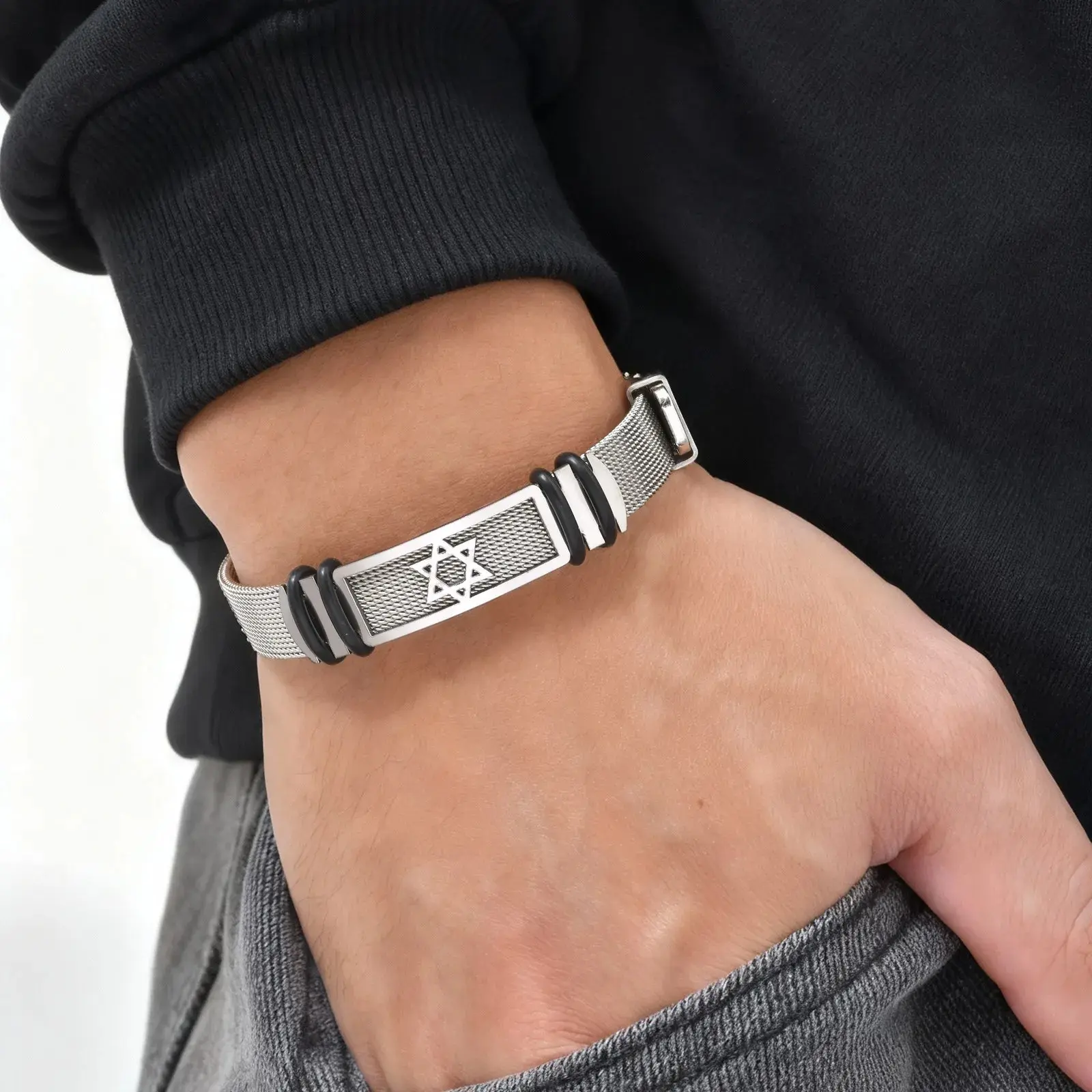 Vnox Stainless Steel Hexagram Star Bracelet for Men Boys, Star Mesh Watch Strap Bangle Adjustable Wristband Fashion Jewelry Gift