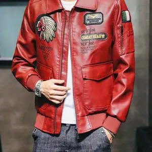 Men's Autumn Winter PU Leather Jacket with Lapel Embroidered Motorcycle Casual Wear Pilot Jacket Windproof Waterproof Cold Resistant Clothes Faux Menswear Coats Long Sleeve Zipper Tops