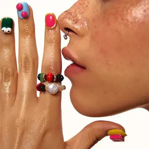 Colorful Czech Glass Bead & Baroque Freshwater Pearl Ring, Y2K Funky Multicolor Stackable Ring for Bold Fashion