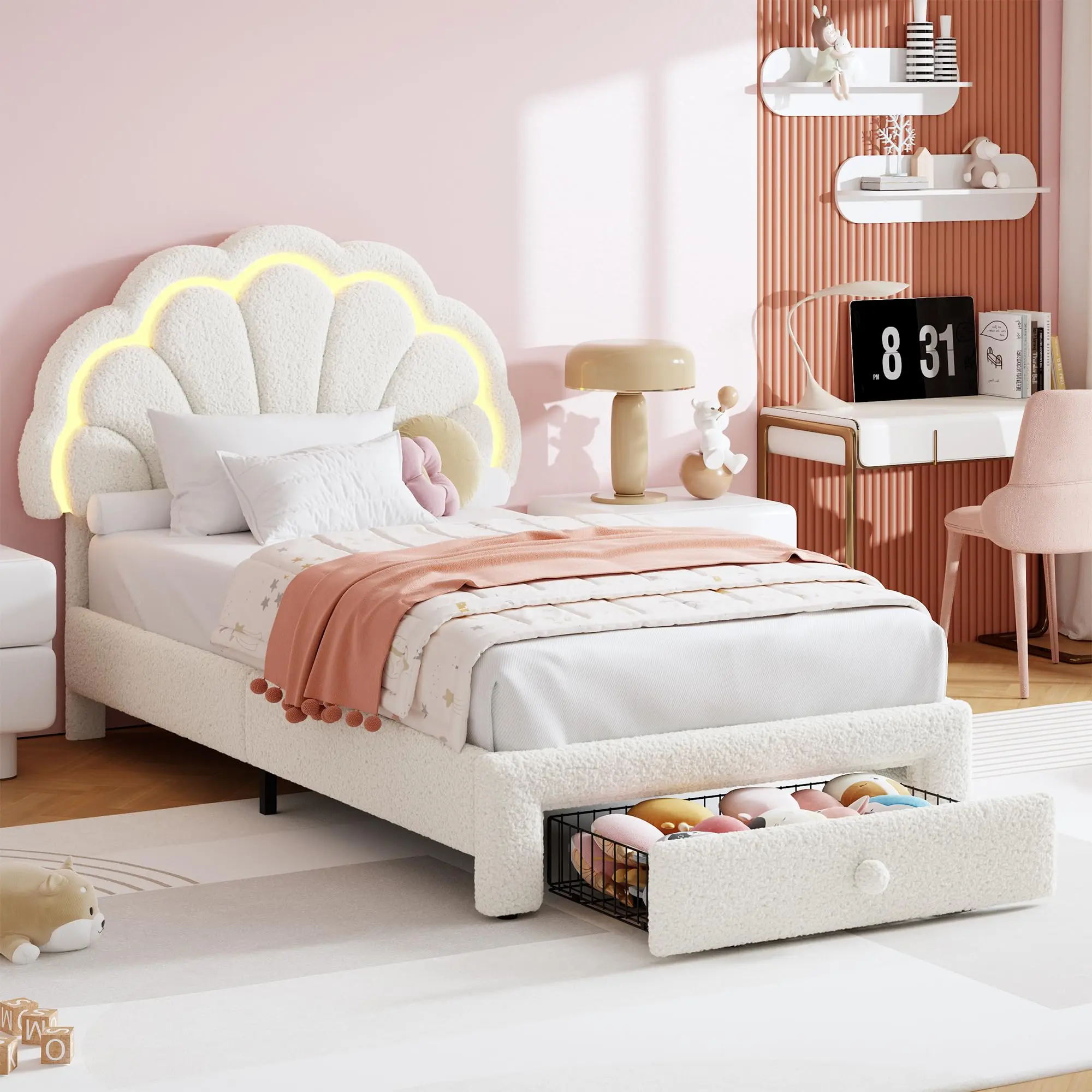 Garvee Twin XL Upholstered LED Bed Frame with Storage Drawer and Adjustable Headboard, Berber Fleece Princess Platform Bed, Solid Wood Support, No Box Spring Needed, Easy Assembly, Beige