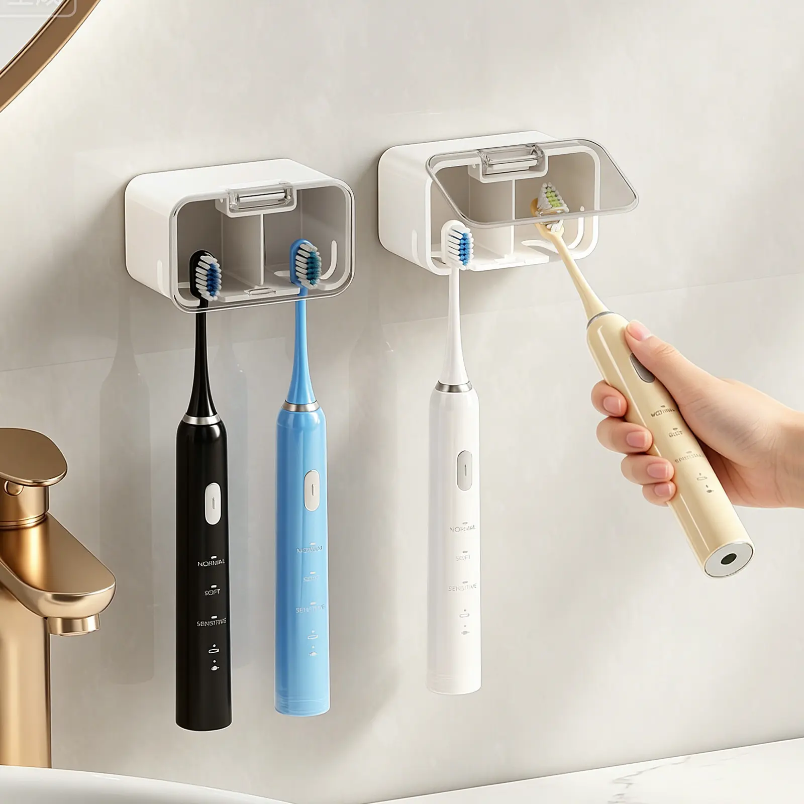 MOPMS Toothbrush Holder Wall Mounted, Automatic Touch-Open Toothbrush Organizer with Waterproof Dustproof Cover, Dual Individual Compartments, Ventilated Storage for Electric & Manual Toothbrushes, No Drill Adhesive Bathroom Organizer