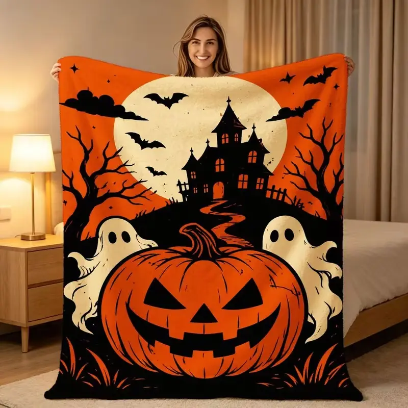 Halloween Ghost Pumpkin Haunted House Blanket, Vintage Spooky Jack-O-Lantern Throw Blanket, Cozy Soft Home Decor