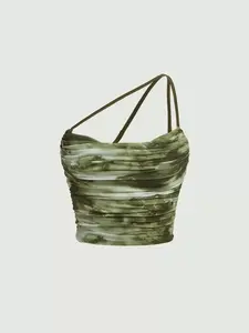 Green Retro Tie Dye One Shoulder Ruched Side Draped Detail Crop Top