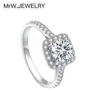 Moissanite Ring for Women 1 Carat Electroplated Sterling Silver Cluster Full Diamond Luxury Square Setting 50 Points Engagement Diamond Ring