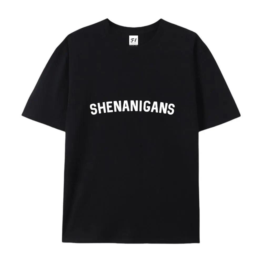 Shenanigans Funny Slogan Cotton T-Shirt, Minimalist Text Graphic Tee, Comfort Casual Outfit, Perfect St. Patrick's Day & Party Gift For Humor Fans, Ideal Oversized Everyday Fashion