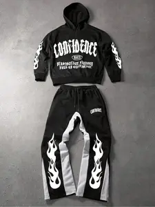 Men's Casual Fitted Set with Graphic Flame Print, Hooded Design, Adjustable Drawstring Pants, Perfect for Daily Wear, 2 Piece, Outfit